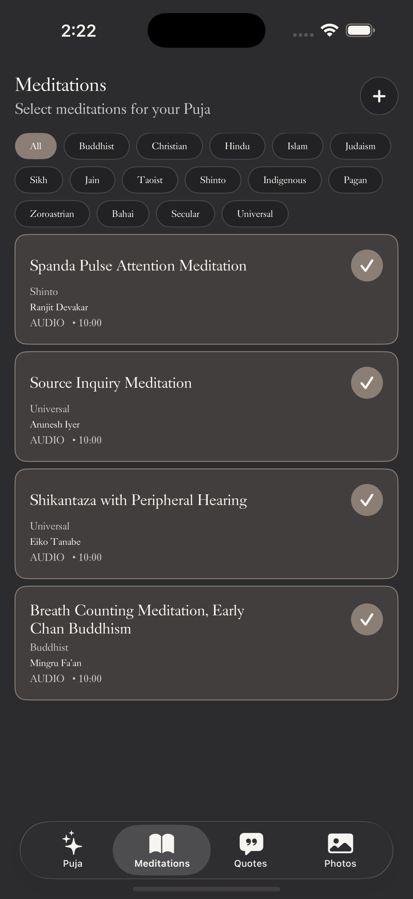 MyPuja meditations screen